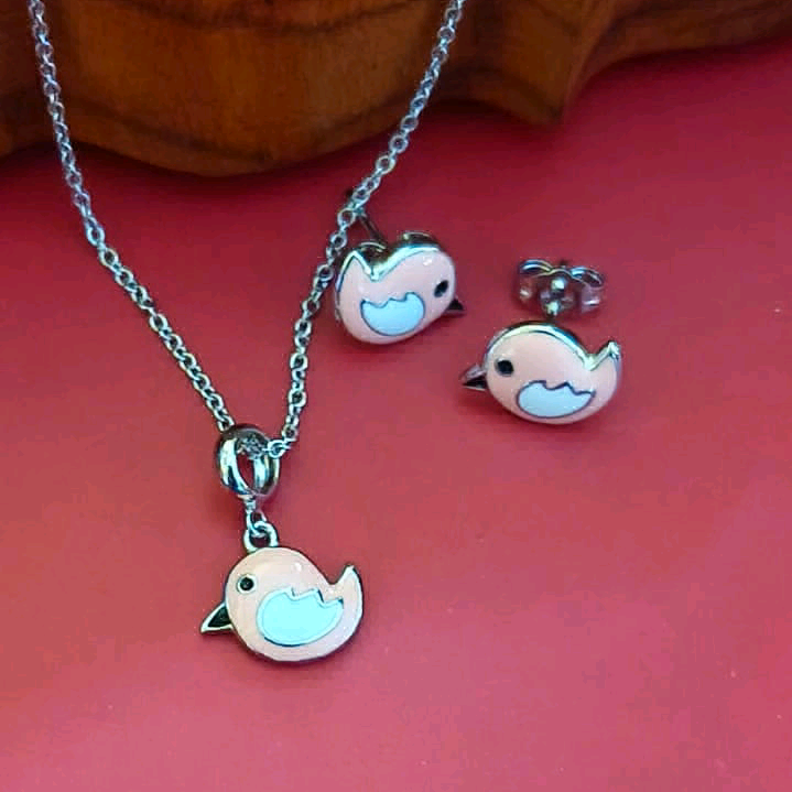 Pink Enamel Bird Pendant Set 